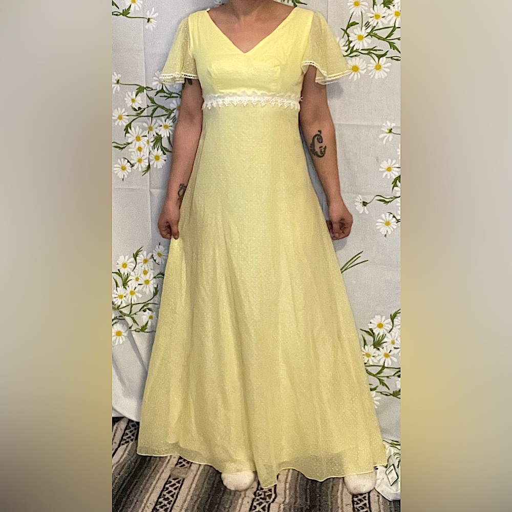 Vintage 70s pastel yellow white polka dot flutter sleeve formal empire gown